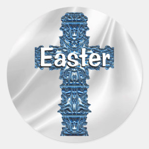 Redonda Cruz de Pascua en el pegatina blanco del satén