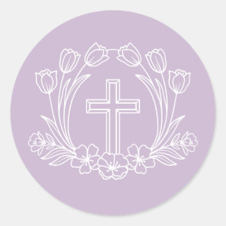 Redonda Cruz Floral Simple en el Pegatina Lilac