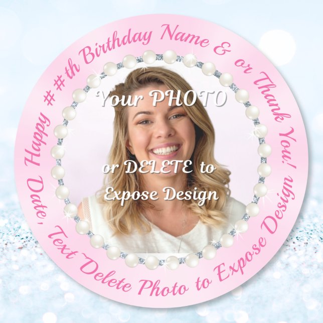 Redonda Cumpleaños Feliz Pegatina Rosa con Nombre y Foto (Photo Birthday Stickers. Birthday favor stickers. Personalized birthday stickers for favors. 30th)