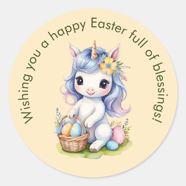 Redonda Curte Happy Easter Blessing Pegatina de Unicornio (Anverso)