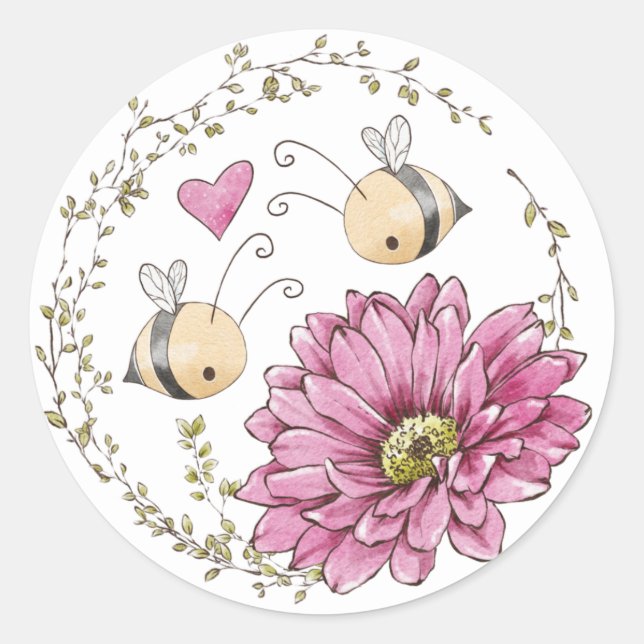 Redonda Cute Abejas Corazón Flor Pegatina (Anverso)