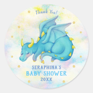Redonda Cute Blue Dragon Boys Pegatina de Baby Shower