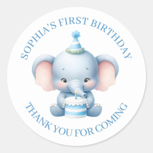 Redonda Cute Blue Elephant Birthday Gracias Pegatina