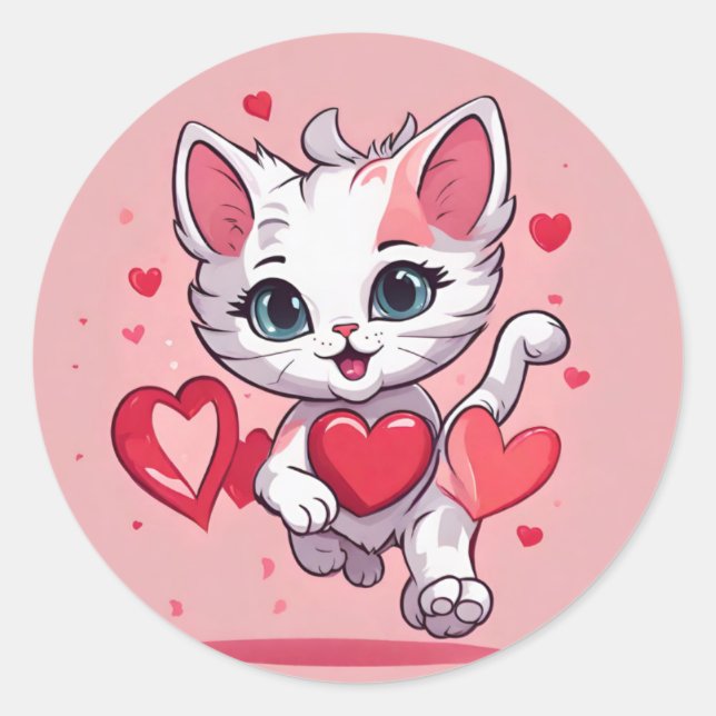 Redonda Cute Cat Pegatina Día de San Valentín   (Anverso)