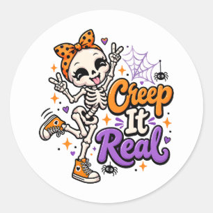 Redonda Cute Creep It Real Esqueleto Pegatina de Halloween