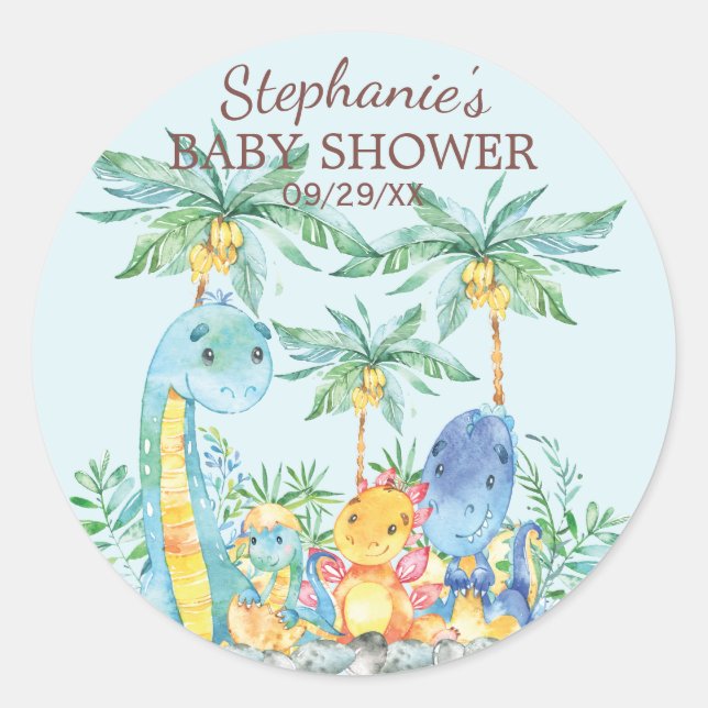 Redonda Cute dinosaurios Baby Shower Favor Pegatina (Anverso)