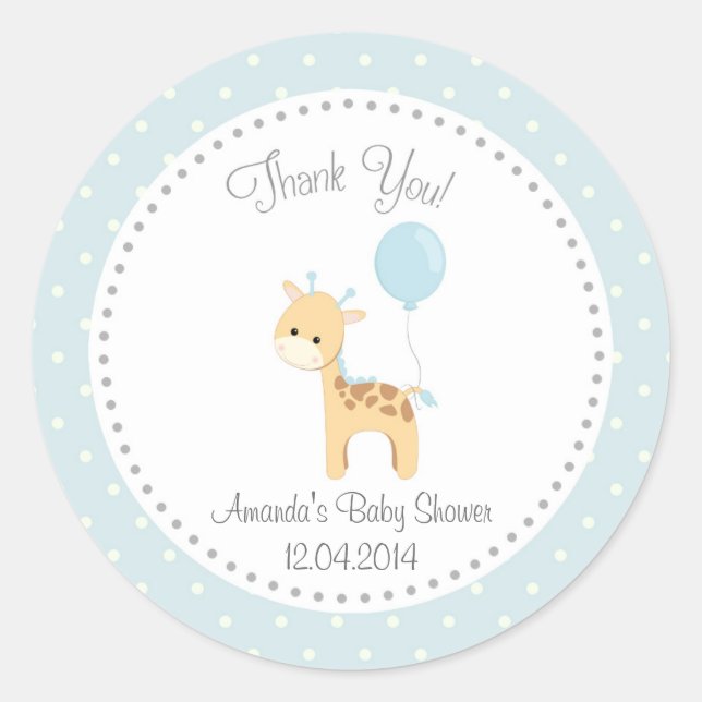 Redonda Cute Giraffe Baby Shower Pegatina (Azul) (Anverso)