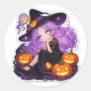 Redonda Cute Halloween Witch Girl Calabaza Pegatina