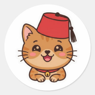 Redonda Cute Kawaii Gorro Fez Marroquí Gato Pegatina
