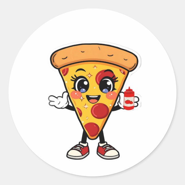 Redonda Cute Kawaii Pegatina de Pizza (Anverso)