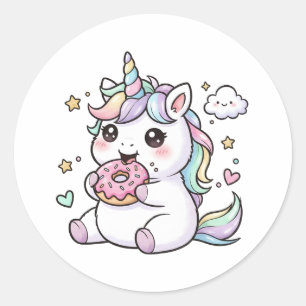 Redonda Cute Kawaii Unicornio Comiendo Donut Pegatina