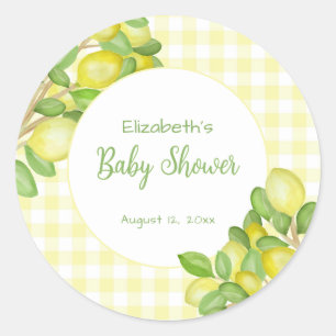 Redonda Cute Limón Amarillo Gingham Pegatina Baby Shower