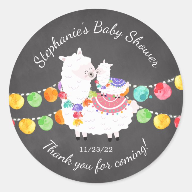 Redonda Cute Llama Mama Baby Shower Favor Pegatina (Anverso)