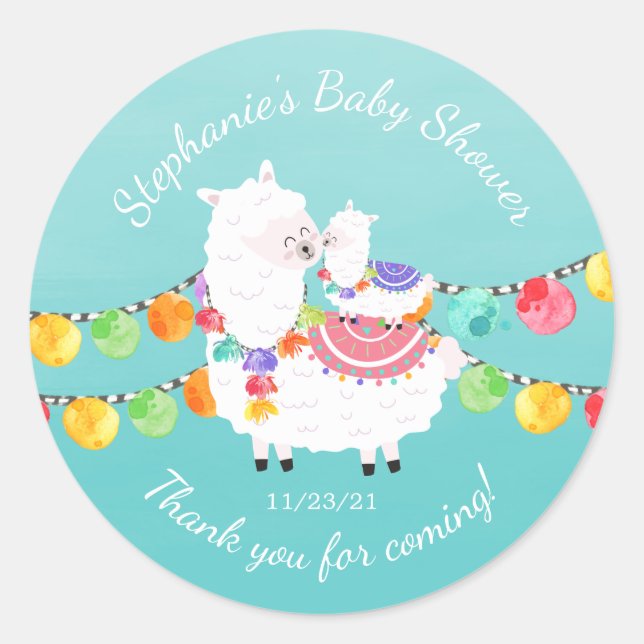 Redonda Cute Llama Mama Baby Shower Favor Pegatina (Anverso)
