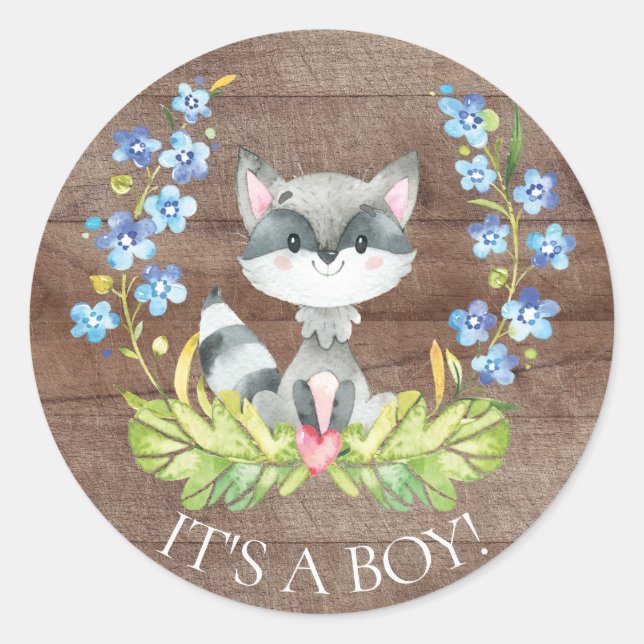 Redonda Cute mapache it's a boy Favor Pegatina (Anverso)