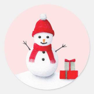 Redonda Cute muñeco de nieve de Navidad pegatina acuarela