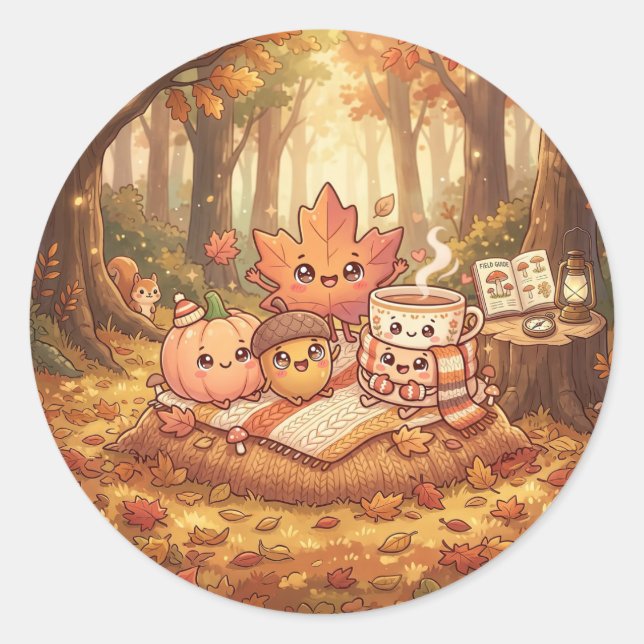 Redonda Cute pegatina de amigos de otoño (Anverso)