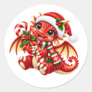 Redonda Cute Pegatina de Dragón de Navidad Rojo