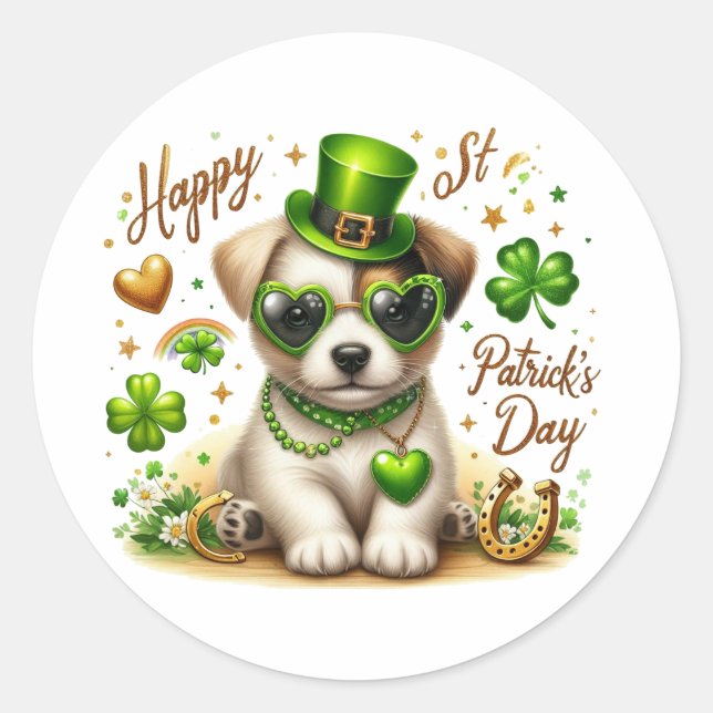 Redonda Cute St. Patrick's Day Puppy pegatina (Anverso)