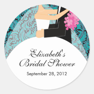 Redonda Damask Bride Groom Bridal Shower Pegatina Turquois