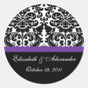 Redonda Damask Eggplant Purple Bridal Shower Pegatina