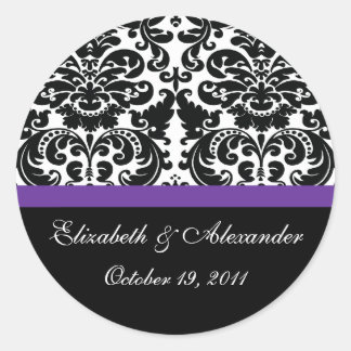 Redonda Damask Eggplant Purple Bridal Shower Pegatina
