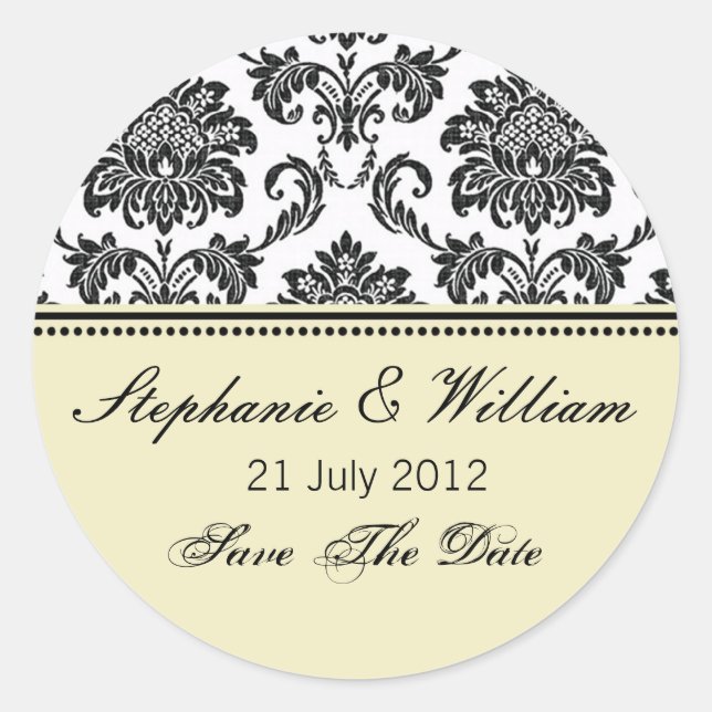 Redonda Damask Ivory Boda Pegatina (Anverso)