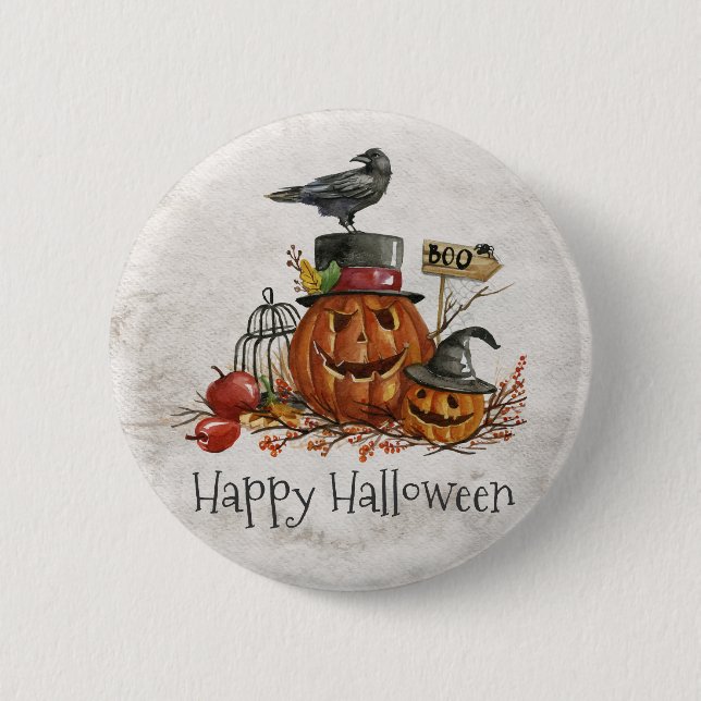 Redonda De 5 Cm Halloween Black Bird and Pumpkins | Chapa (Anverso)