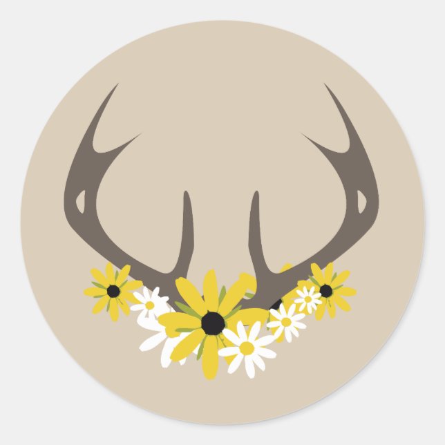 Redonda Deer Antlers + Wildflowers Pegatina (Anverso)