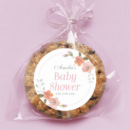 Redonda Delicado Pegatina redondo de Baby Shower rosa flor