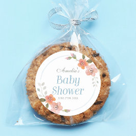 Redonda Delicate Floral Blue Baby Shower Round Pegatina