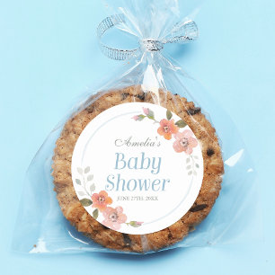 Redonda Delicate Floral Blue Baby Shower Round Pegatina