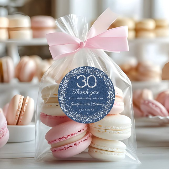 Redonda Diamantes y denim 30 cumpleaños Gracias Pegatina (Diamonds and denim 30th Birthday Party Thank you Stickers)