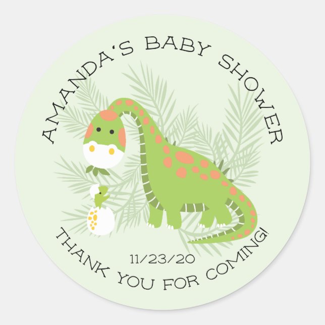 Redonda Dino Love Boys Baby Shower Favor Pegatina (Anverso)