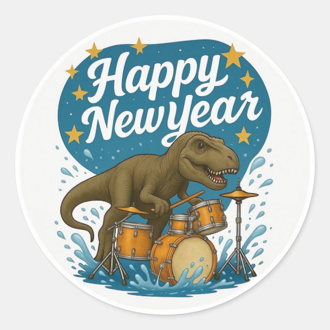 Redonda Dinosaurio Tocando Tambores Pegatina Feliz Año Nue (Anverso)