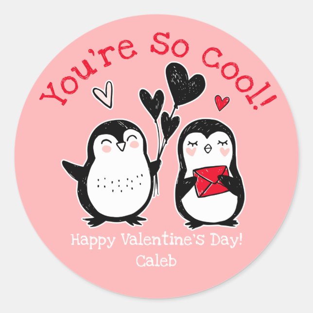 Redonda Doodle Penguin Valentine Pegatina (Anverso)