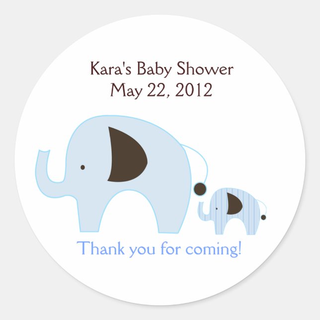 Redonda Dottie Elephant Blue Baby Shower Favor Pegatina (Anverso)