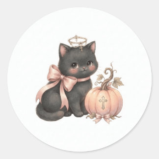 Redonda Dulce Gato Ángel y Calabaza Pegatina de Otoño