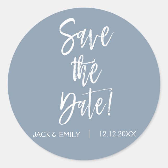 Redonda Dusty Blue Save the Date Pegatina (Anverso)