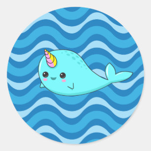 Redonda El azul de Kawaii Narwhal agita al pegatina