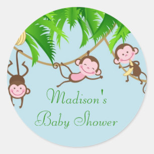 Redonda El bebé Monkeys al pegatina de Baby Shower