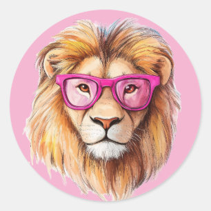 Redonda El león con gafas rosas Pegatina BG rosa claro
