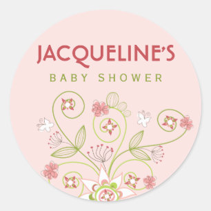 Redonda El rosa caprichoso florece pegatina de Baby Shower
