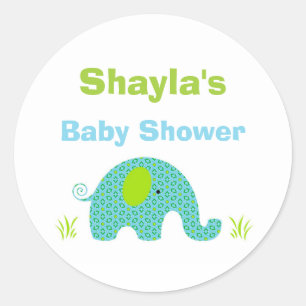 Redonda Elefante azul y verde Pegatina Baby Shower Favorit