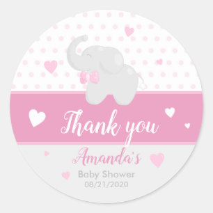 Redonda Elefante Rosa Chica Baby Shower Gracias Pegatina