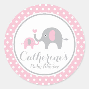 Redonda Elefante rosa y gris Pegatina Baby Shower