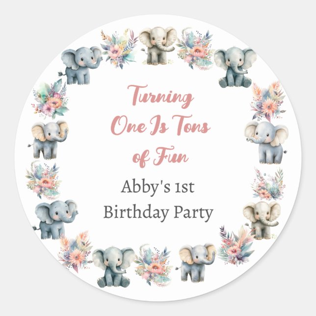 Redonda Elefantes y flores de la selva boho Pegatina de cu (Anverso)