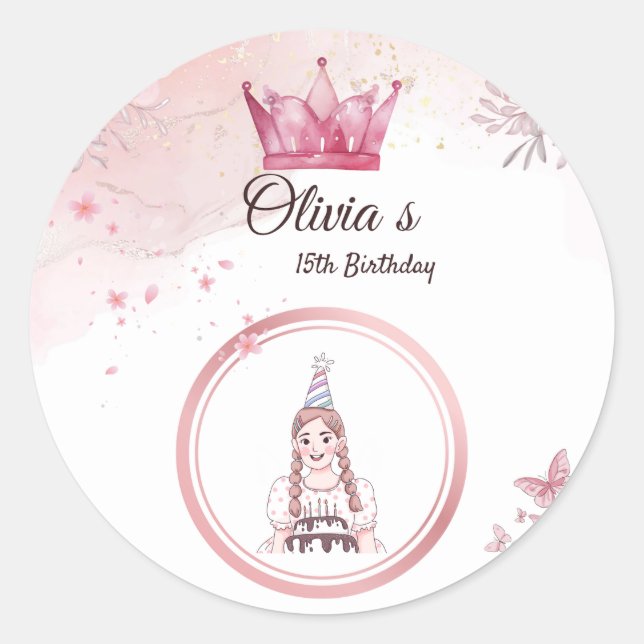Redonda Elegante corona floral rosa 15 Pegatina de cumplea (Anverso)