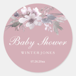 Redonda Elegante Pegatina de Baby Shower con flores rosada