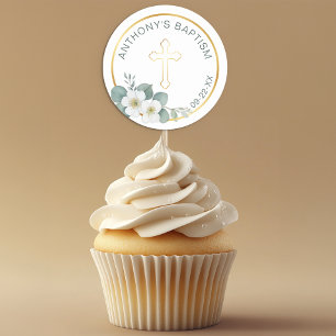 Redonda Elegante Pegatina de Bautismo Cruzado   Religioso 